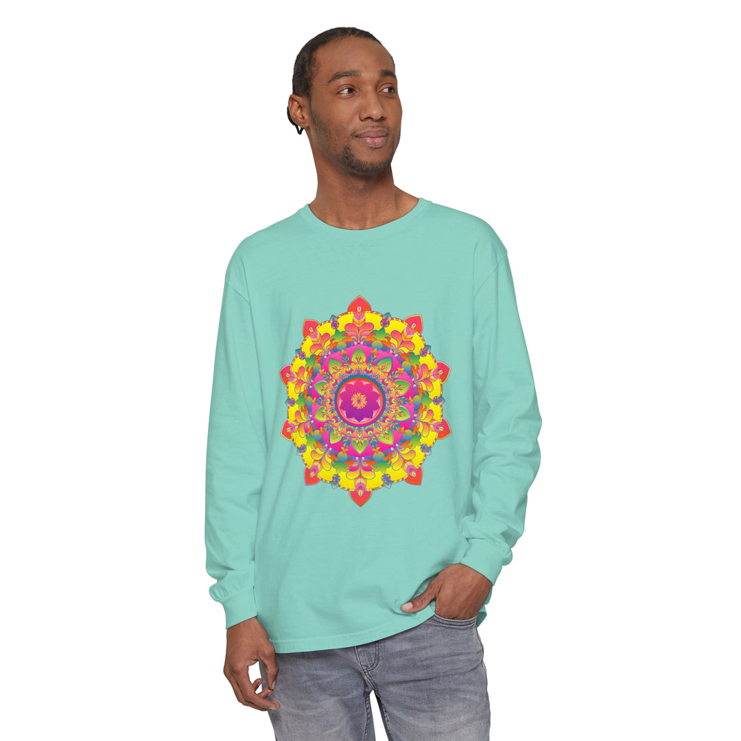 Colorful and intricate mandala design printed on a comfortable long sleeve t-shirt