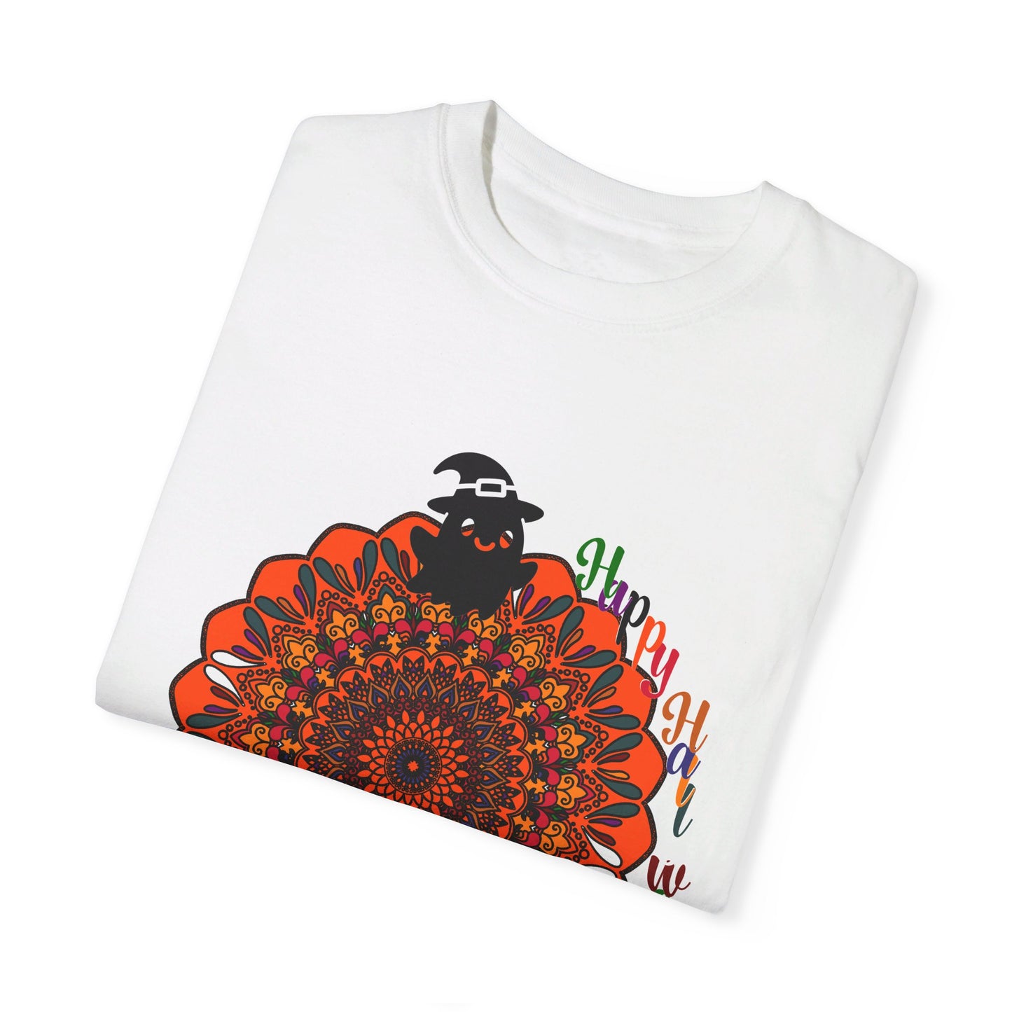 Handmade unisex Halloween mandala t-shirt featuring intricate pumpkin mandala art, created with garment-dyed tee