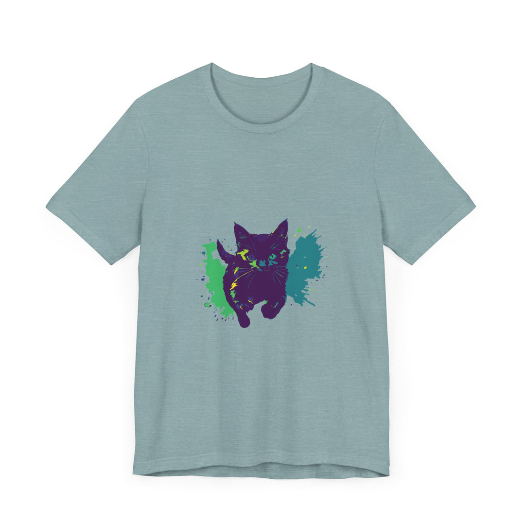 A vibrant and stylish t-shirt featuring a black cat mystery design with colorful splashes