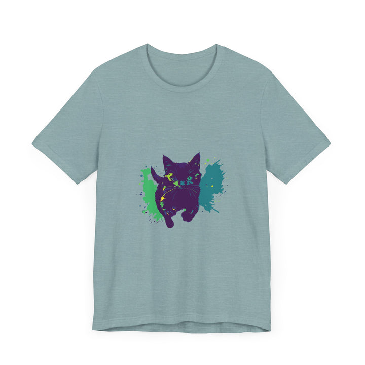 A vibrant and stylish t-shirt featuring a black cat mystery design with colorful splashes