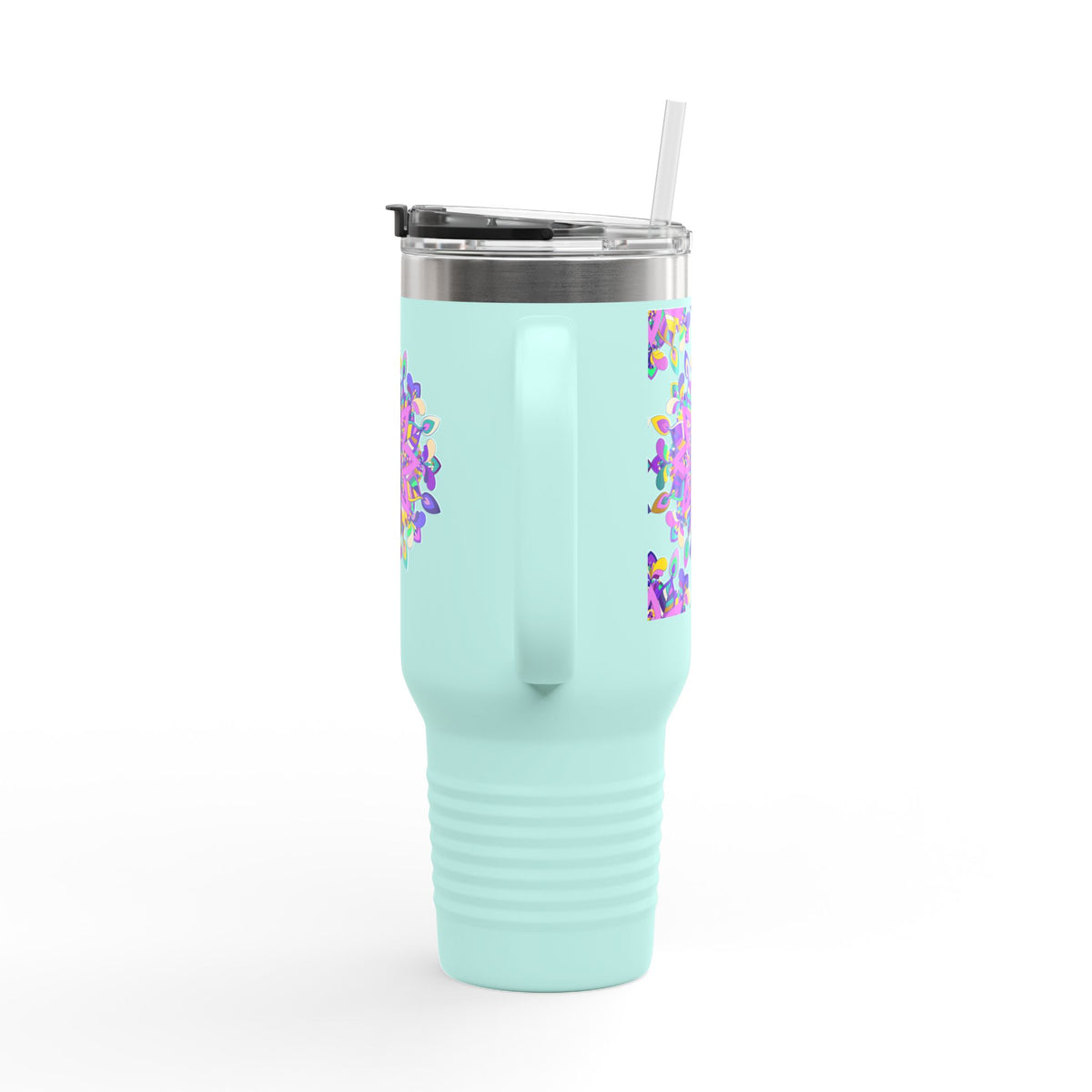 40oz Insulated Travel Mug — Purple Floral Mandala Design