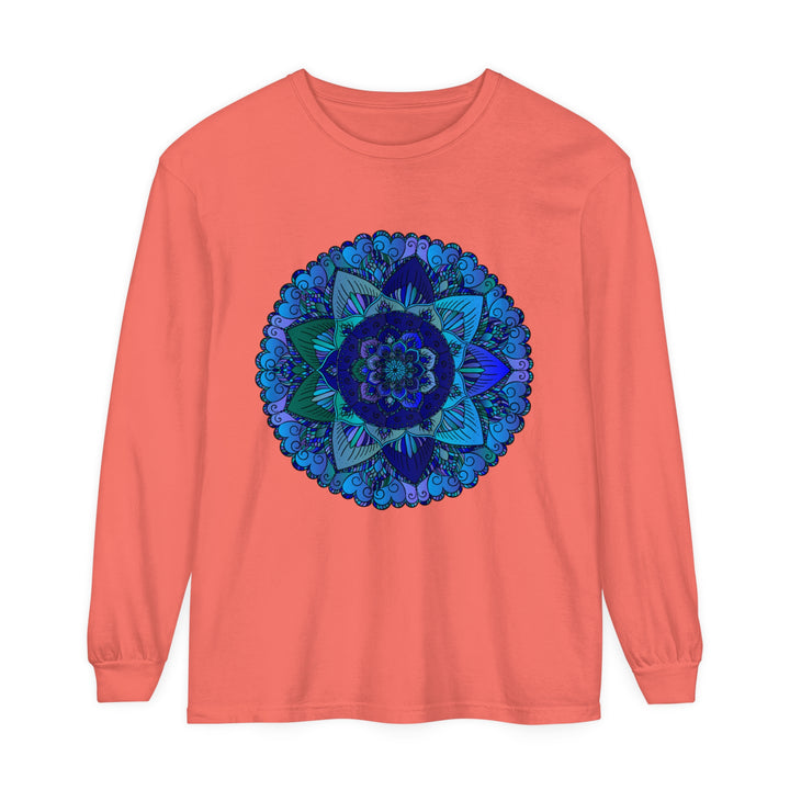 Dark blue and green mandala long sleeve t-shirt with intricate design