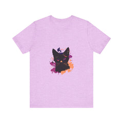 Black Cat Mystery T-Shirt with captivating purple eyes design, perfect for cat lovers