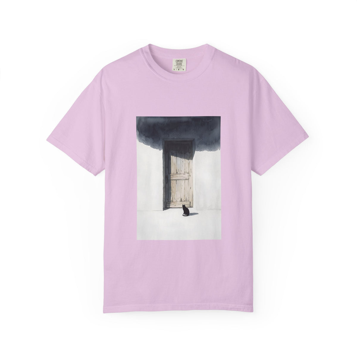 T-Shirt — Minimal Art Cat at Door Graphic Tee