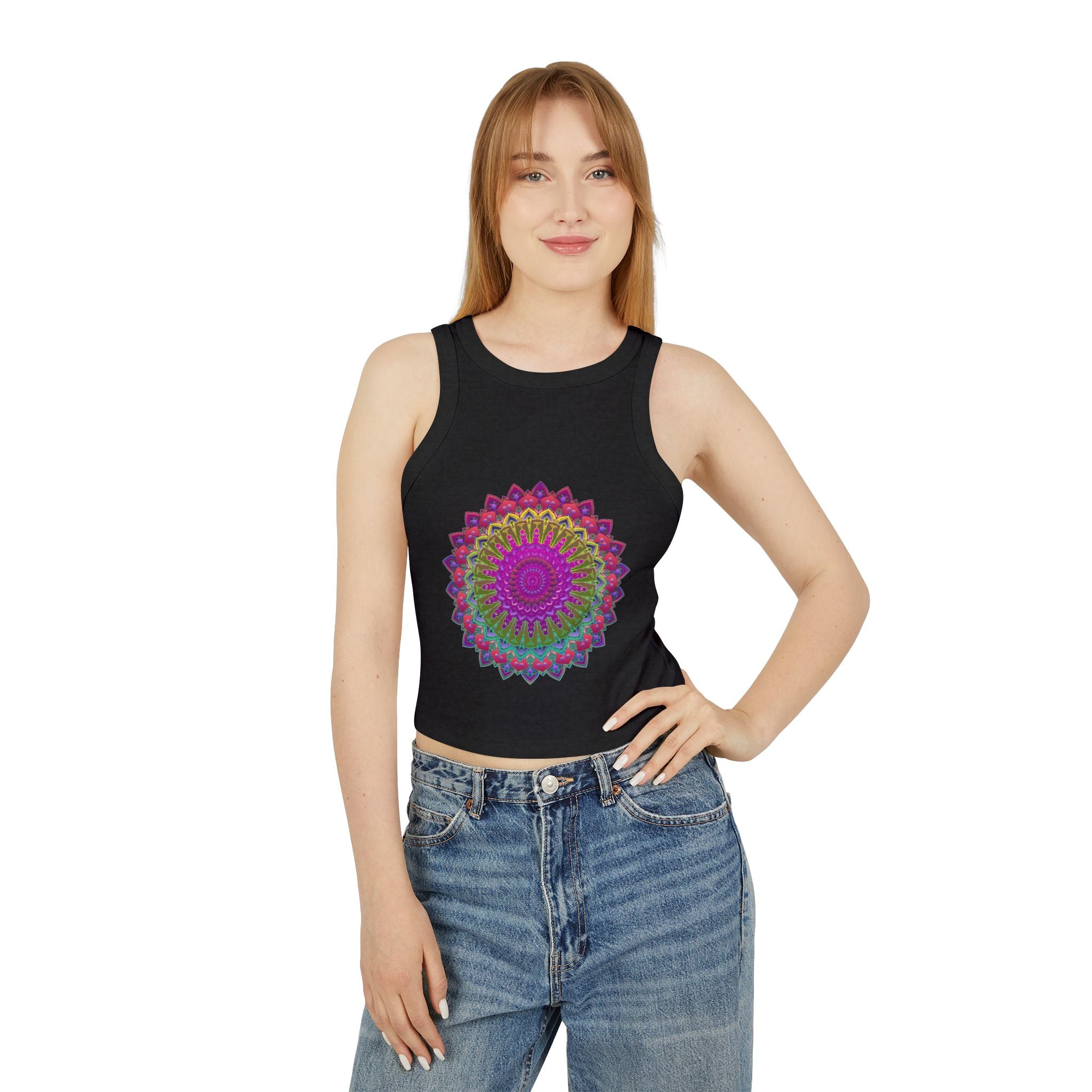 Vibrant Mandala Racerback Tank Top with intricate, colorful design perfect for yoga or casual wear