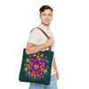 Colorful, intricate mandala design on a large tote bag with nature-inspired elements