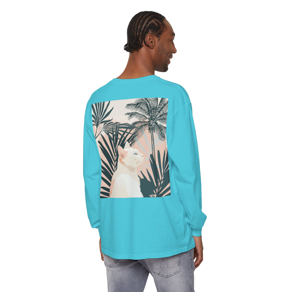 A beautiful white cat lounging in a tropical mandala pattern long sleeve t-shirt