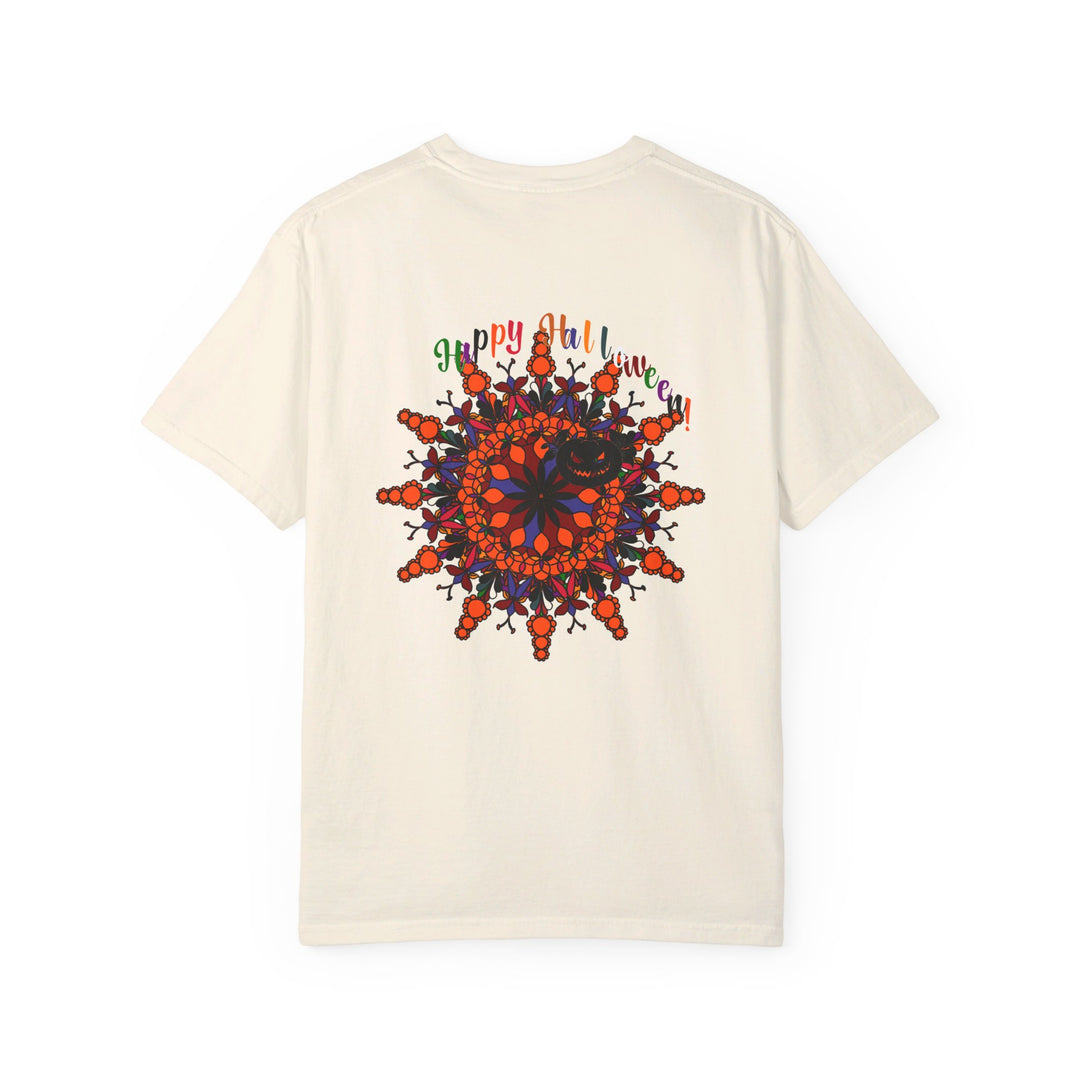 Handmade unisex Halloween mandala t-shirt featuring a unique pumpkin art design created using garment-dyed techniques for a vibrant and eye-catching look