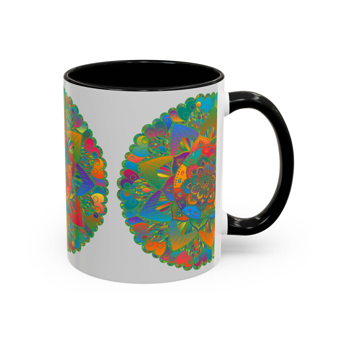 Beautiful, hand-painted ceramic mug featuring a vibrant mandala art and colorful floral design, perfect for sipping your favorite hot beverages in style