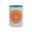 A grey ceramic mug featuring a vibrant and colorful mandala art design