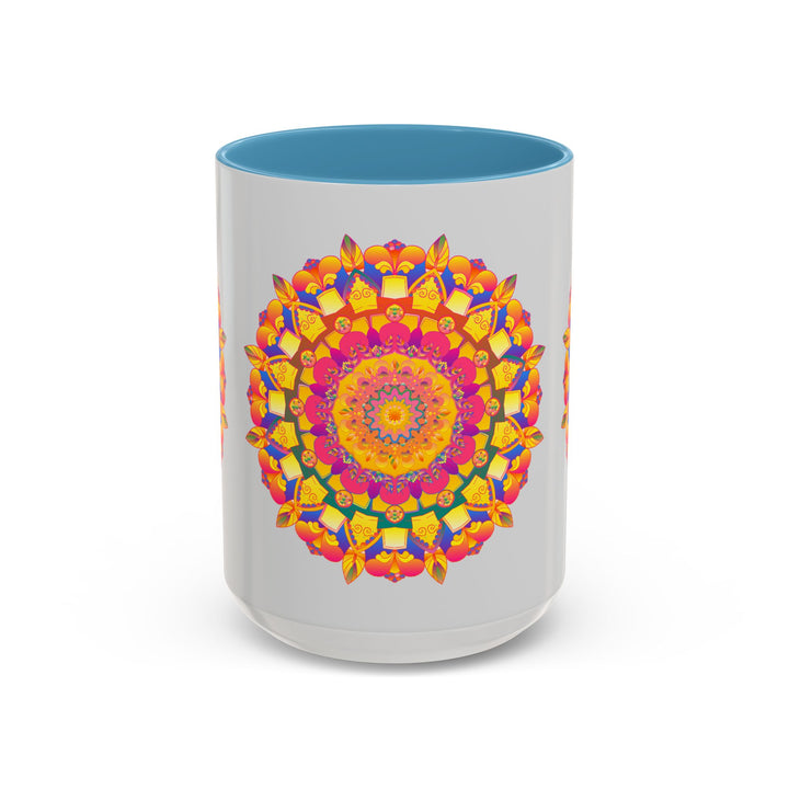 A grey ceramic mug featuring a vibrant and colorful mandala art design