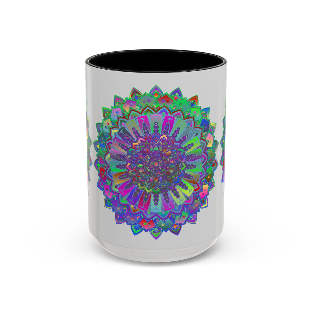 Colorful and intricate mandala art mug in vibrant shades of green and yellow