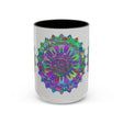 Colorful and intricate mandala art mug in vibrant shades of green and yellow