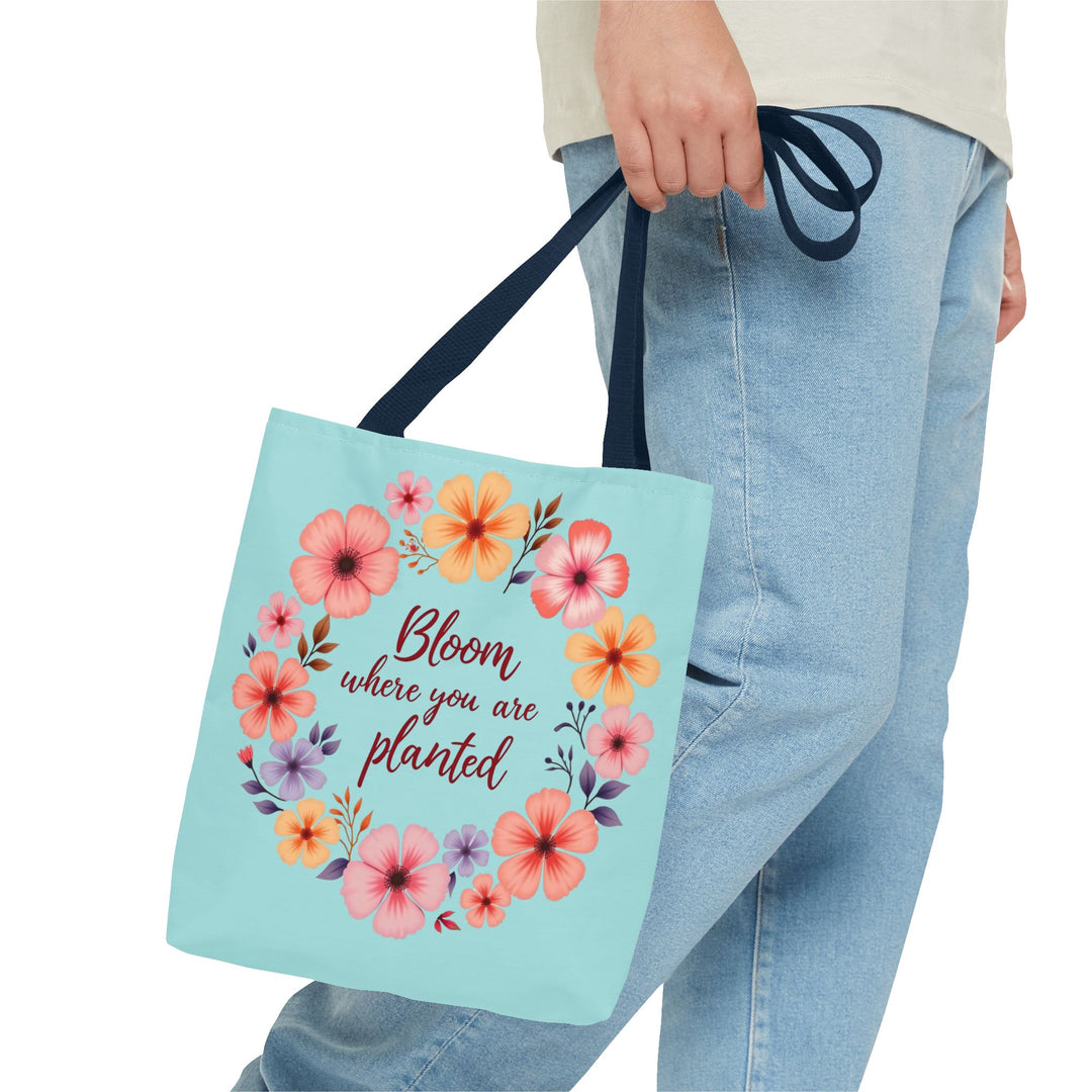 Floral Tote Bag featuring 'Bloom Where You Are Planted' design in 3 different sizes