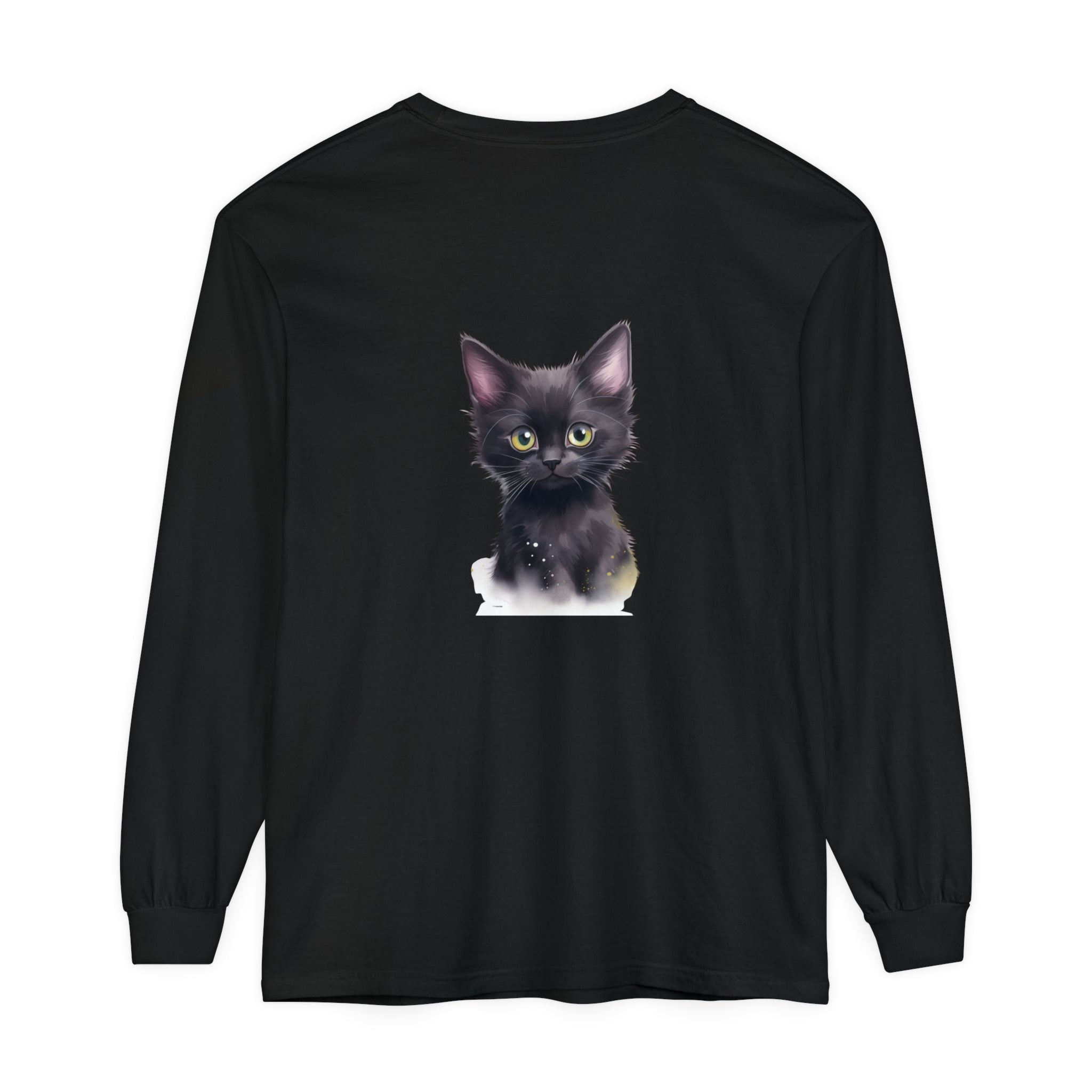 A close-up image of a cute black kitten with bright green eyes printed on a high-quality cotton t-shirt