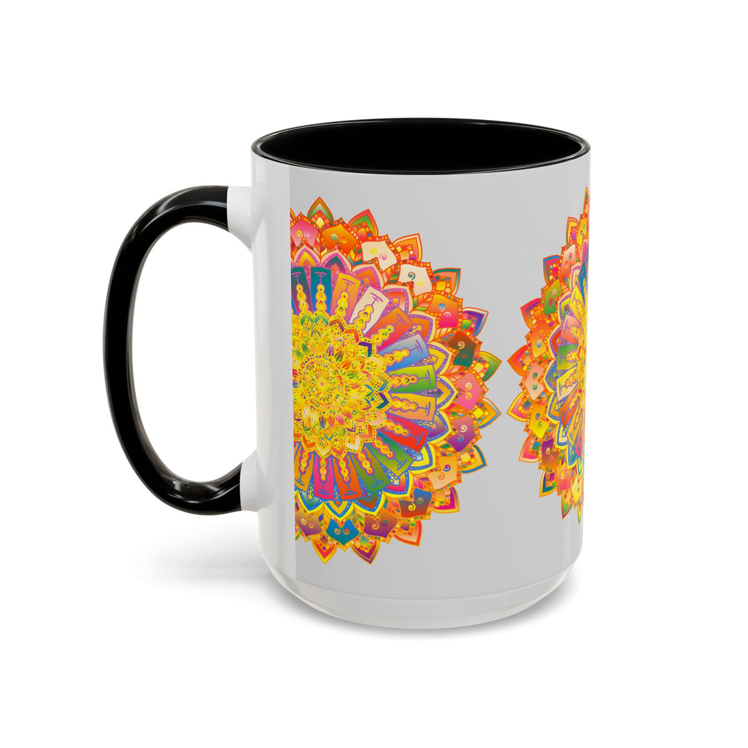 Colorful and vibrant mandala design featured on a grey mug