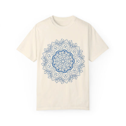 Close-up image of unisex Mandala T-shirt, featuring intricate hand-drawn mandala design and garment-dyed fabric, perfect for unique and artistic fashion statement