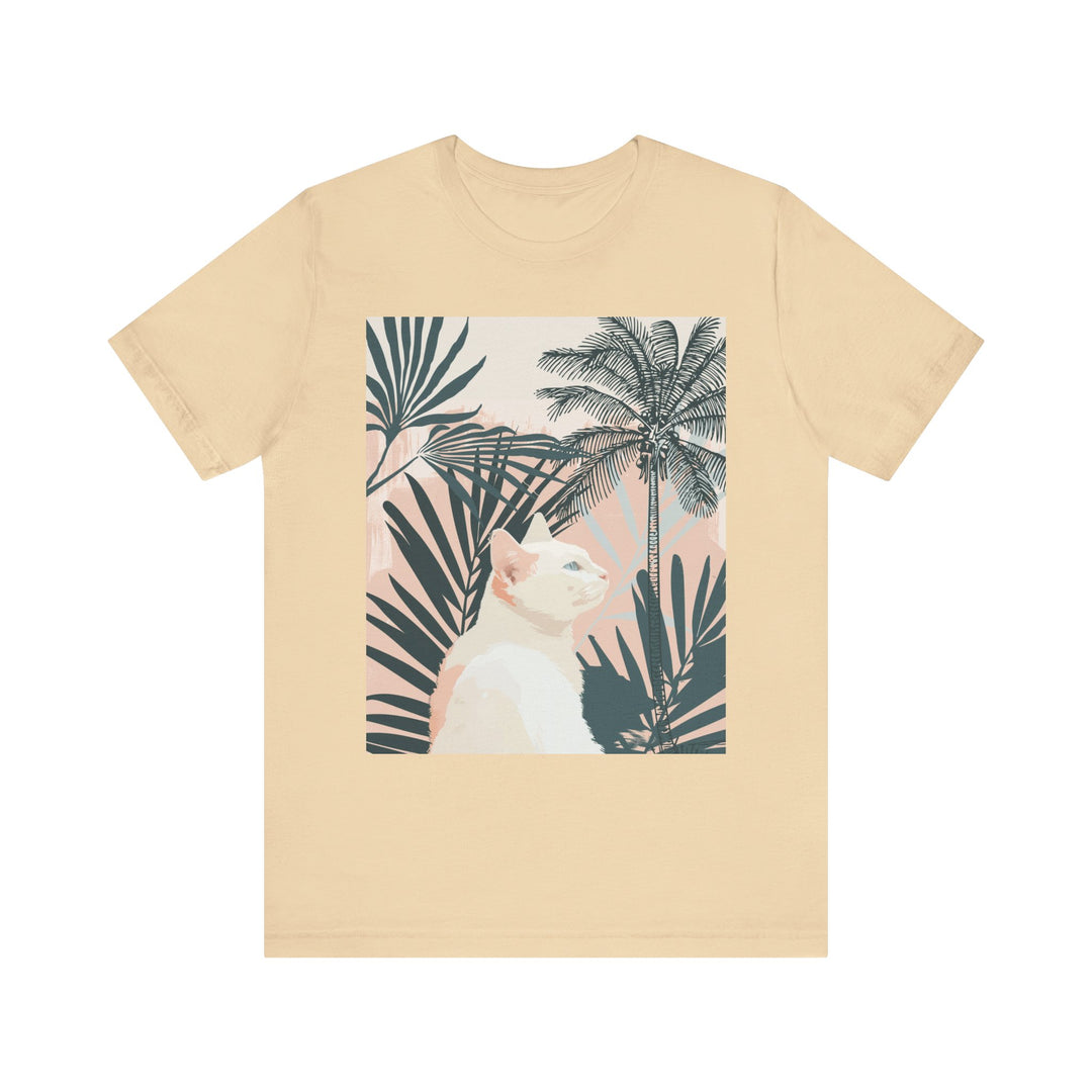 White cat t-shirt featuring a cool palm leaf pattern