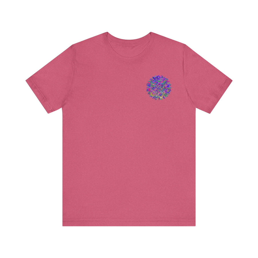 Vibrant Mandala Tee featuring spiritual symbols for peace and harmony, perfect for embracing a sense of tranquility and balance