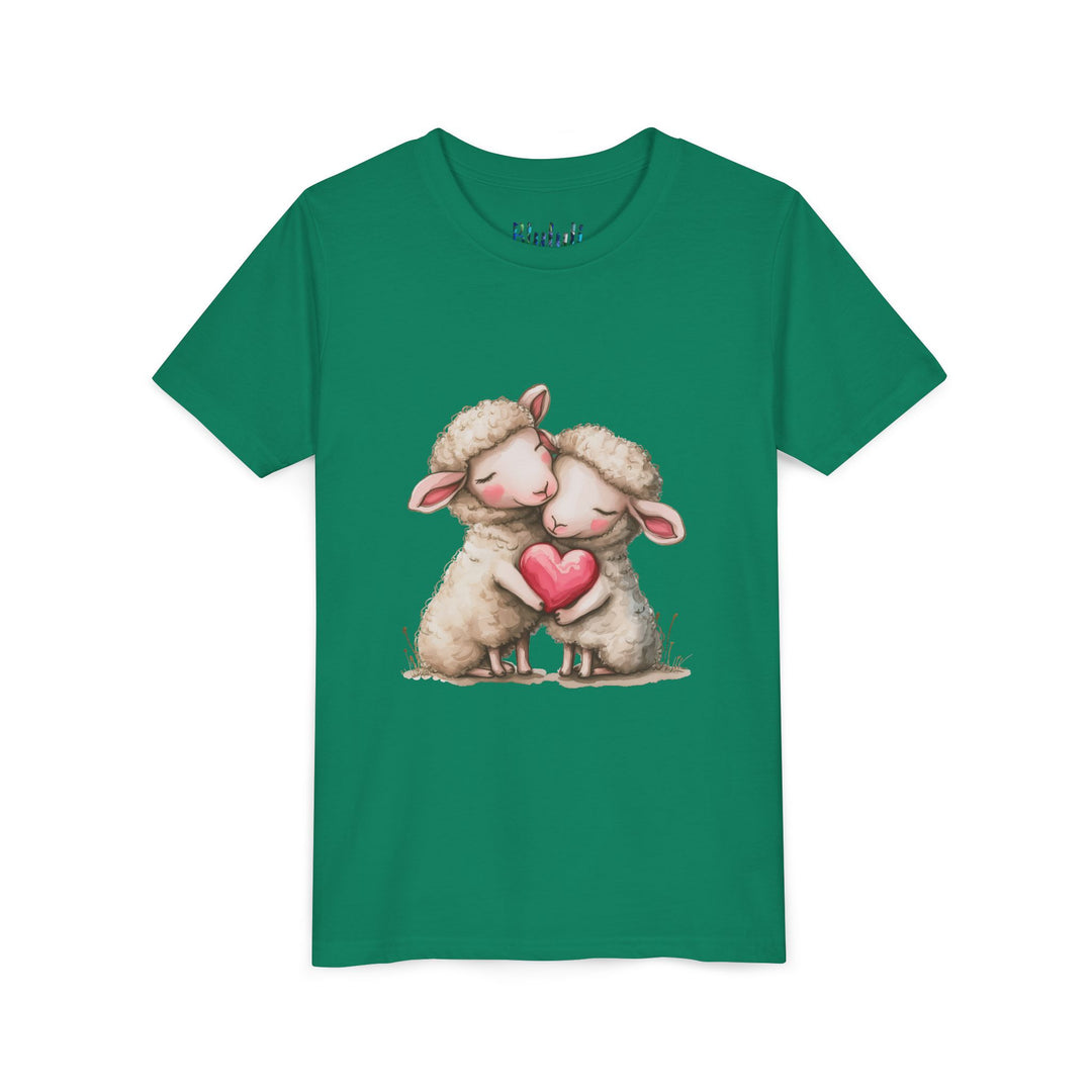 Jugend-T-Shirt – Cartoon-Schafe, die ein Herz umarmen, süßes und schönes Design 