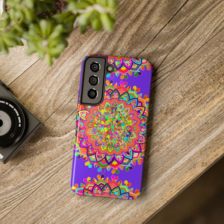 Hand drawn purple mandala art phone case with intricate floral design