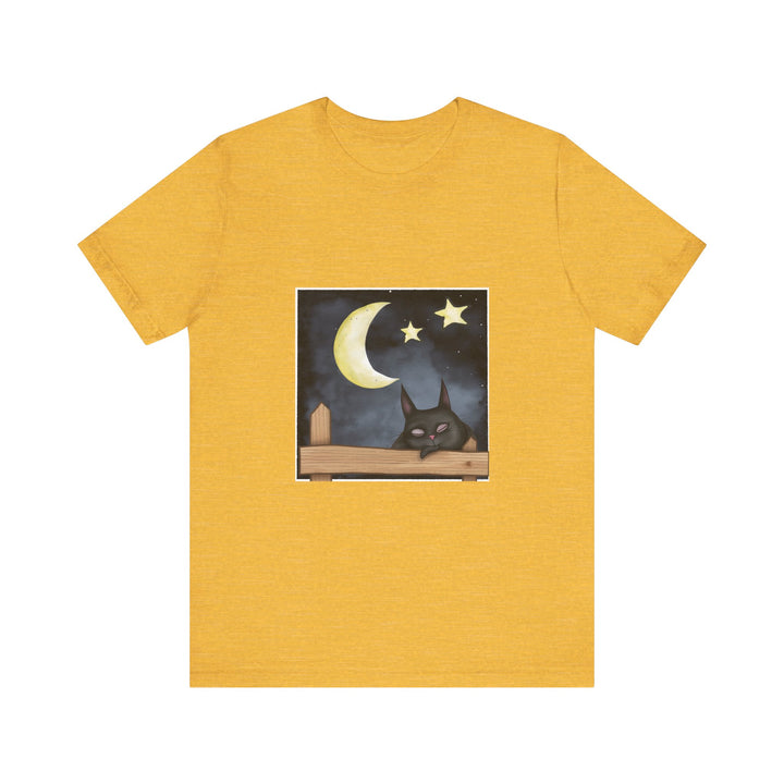 A black t-shirt featuring a sleepy cat under a moonlit night