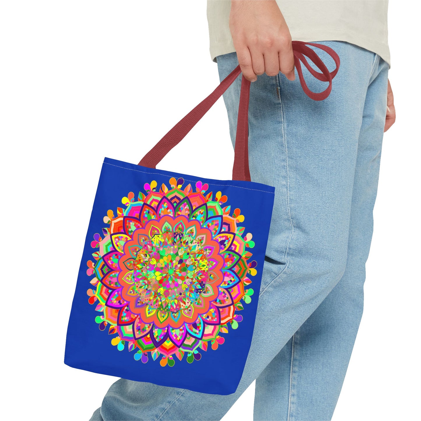 Dark blue tote bag featuring a colorful mandala art design, perfect for carrying your belongings in style