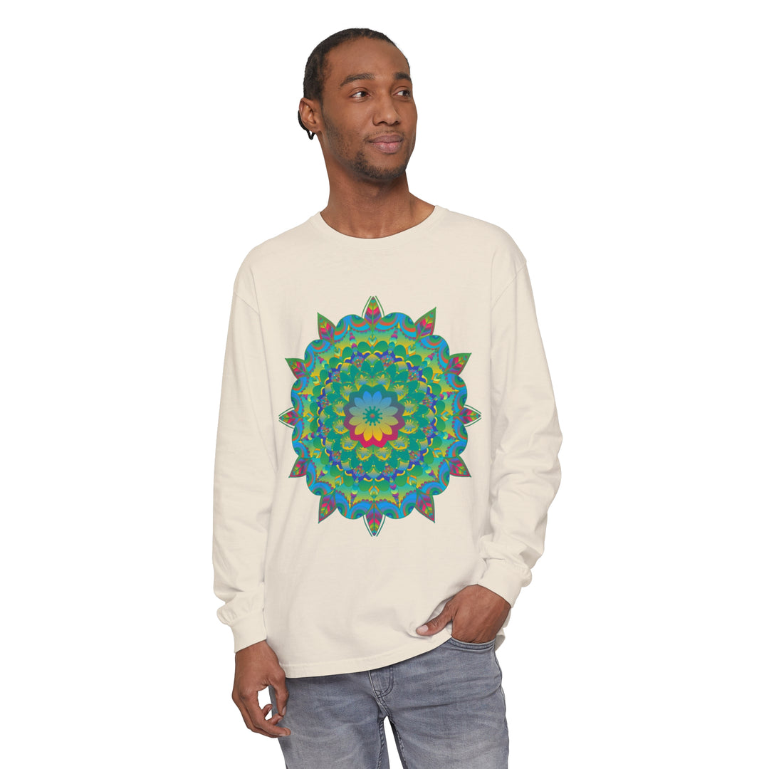 Colorful and intricate psychedelic mandala design printed on a long sleeve t-shirt