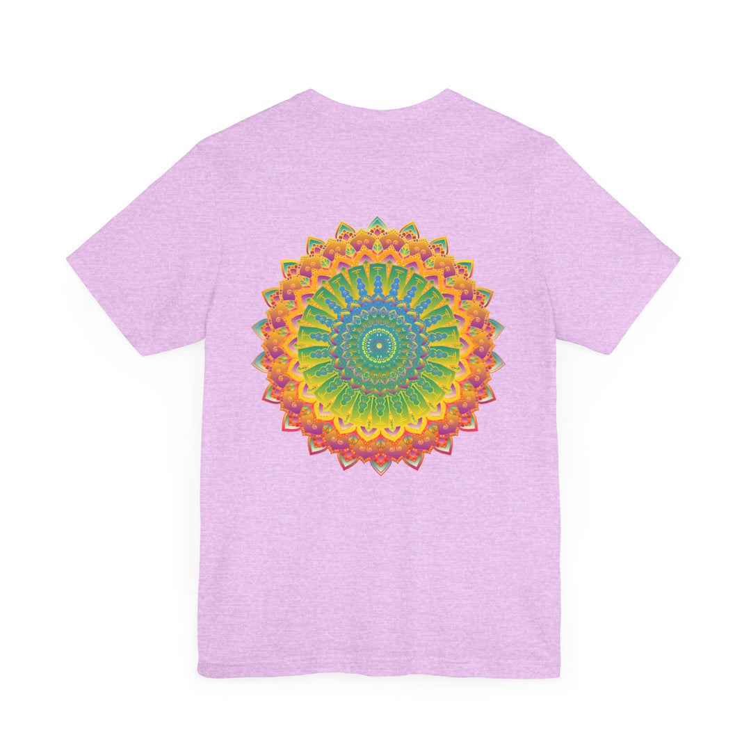 A colorful and intricate mandala design representing spiritual peace and harmony on a vibrant tee shirt