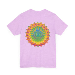 A colorful and intricate mandala design representing spiritual peace and harmony on a vibrant tee shirt