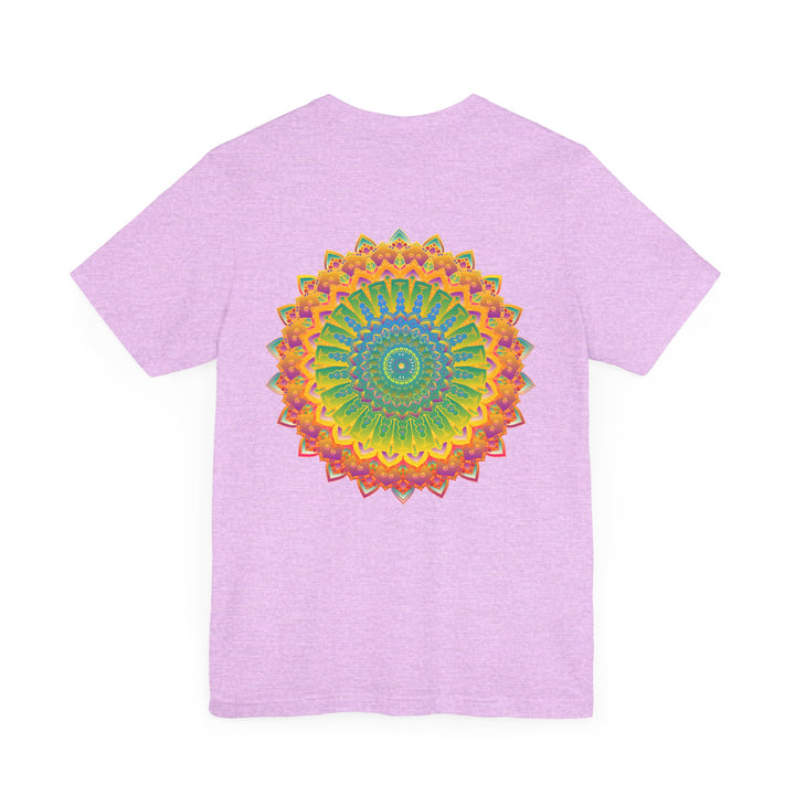 A colorful and intricate mandala design representing spiritual peace and harmony on a vibrant tee shirt