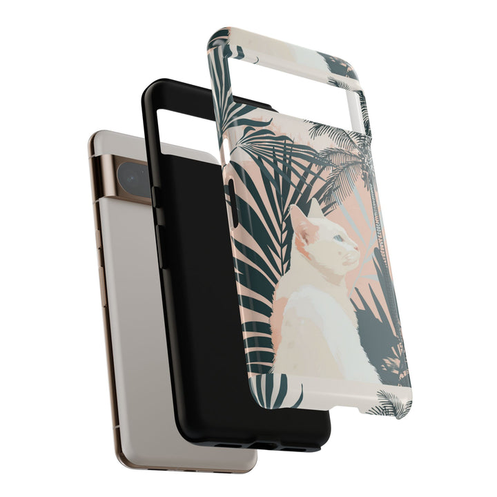 Tropische Katzen-Telefonhülle mit üppigen Palmenmotiven und sanften Pastelltönen