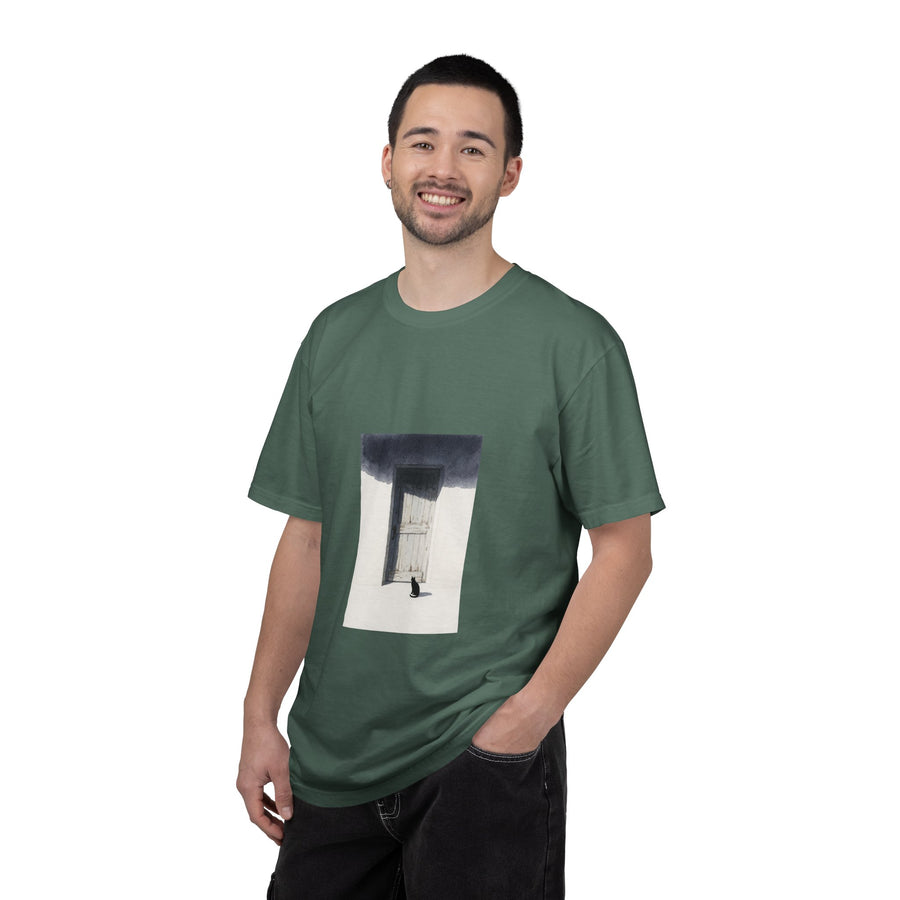 T-Shirt — Minimal Art Cat at Door Graphic Tee