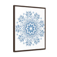 Close up of intricate steel blue mandala design wall art on gallery canvas wraps, displayed in a vertical frame
