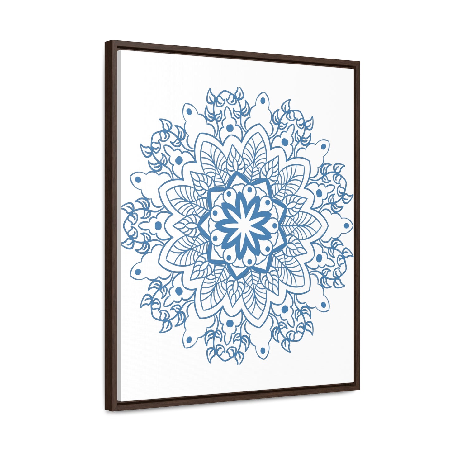 Close up of intricate steel blue mandala design wall art on gallery canvas wraps, displayed in a vertical frame