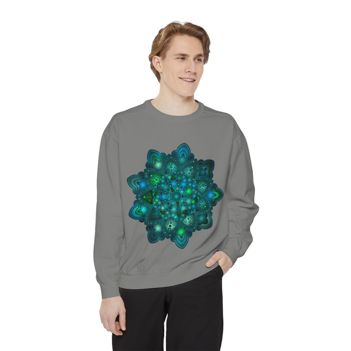 Beautiful blue and green mandala pattern sweatshirt, perfect for adding a touch of intricate style to any outfit