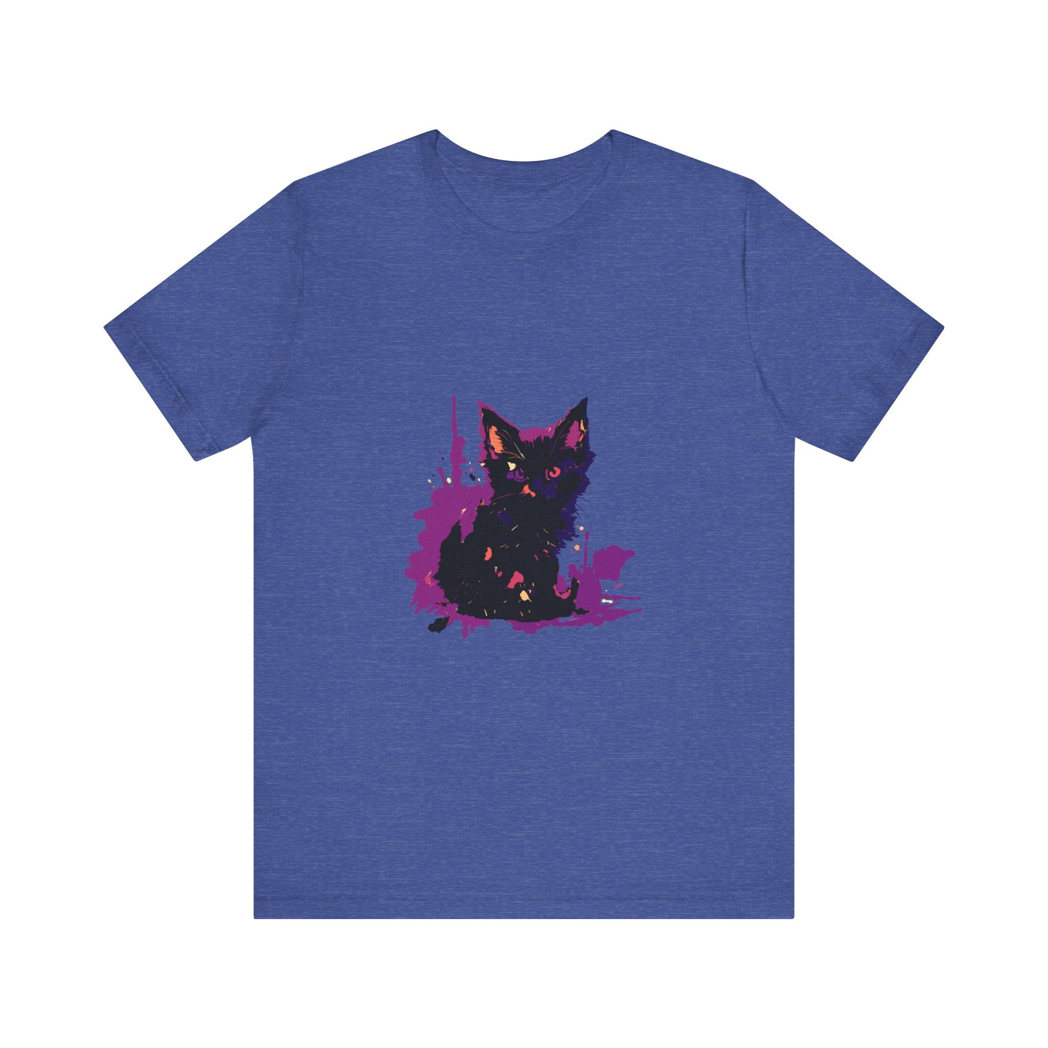 Schwarzes Katzenrätsel – Lila Farbspritzer-T-Shirt