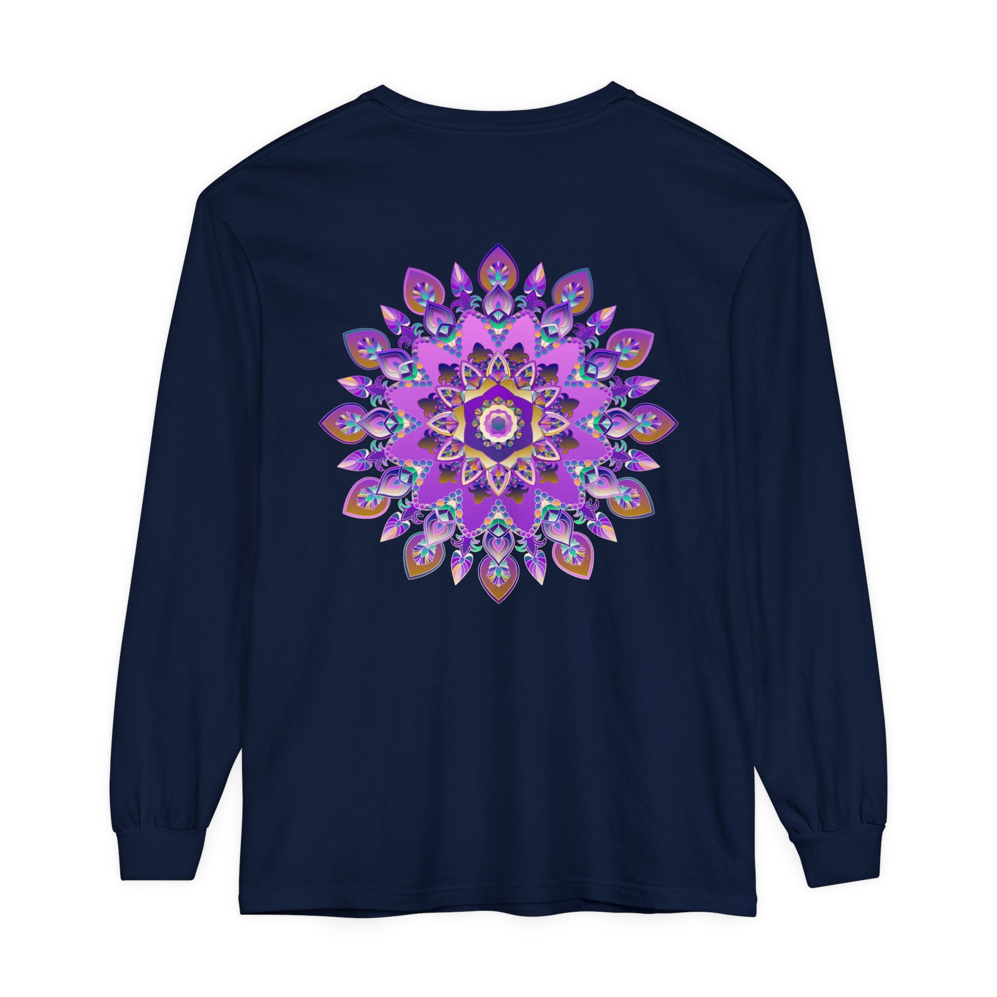 Beautiful purple and gold mandala design long sleeve t-shirt on white background