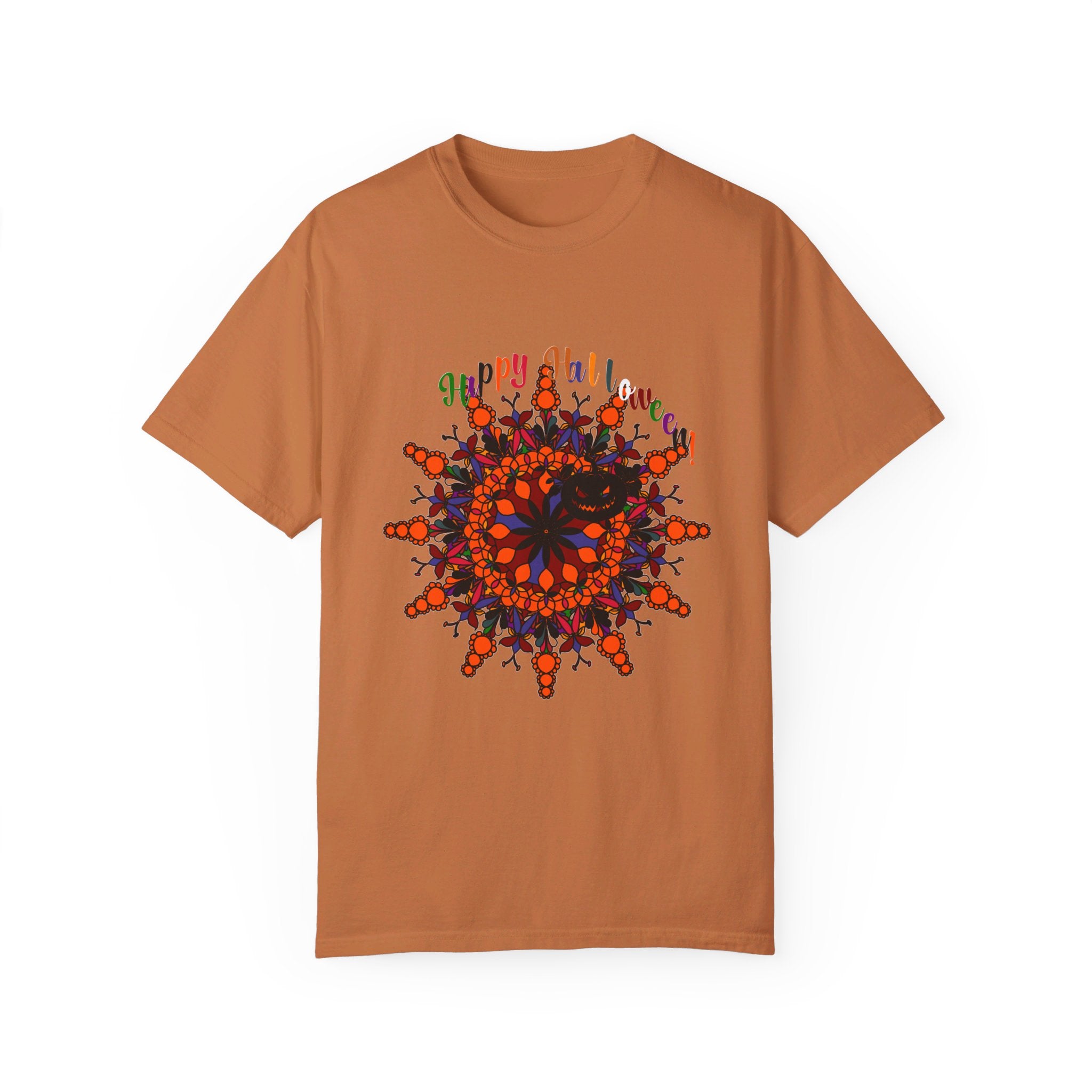 Unisex garment-dyed tee with a unique and artistic pumpkin mandala print