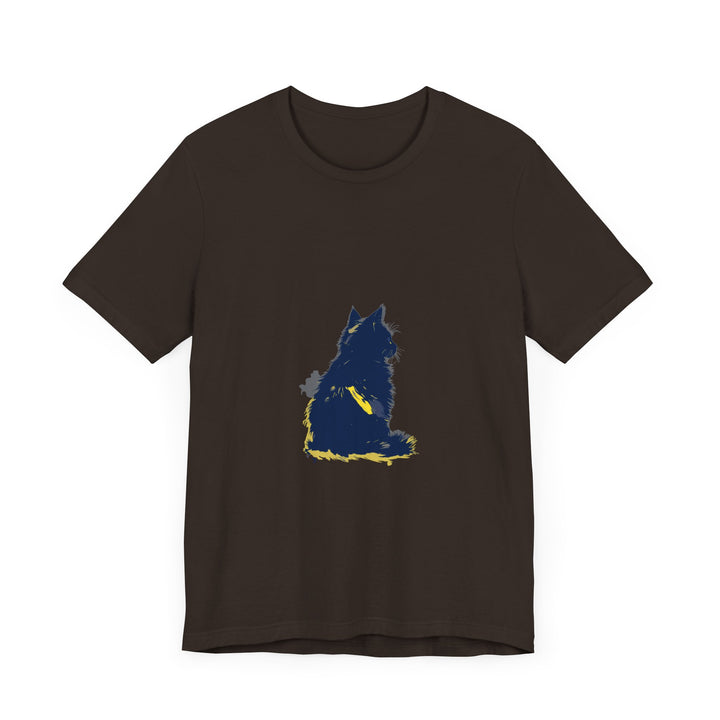 Blue Cat Mystery T-Shirt with a Cool Cat Design in shades of blue, featuring a mysterious feline silhouette against a background of swirling patterns