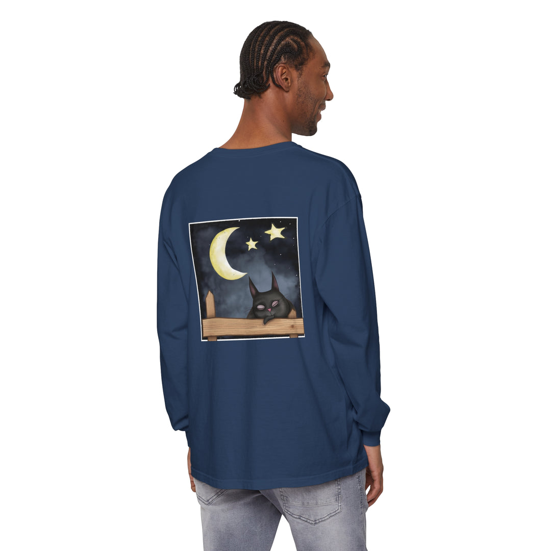 Comfortable black t-shirt featuring a sleepy cat under a starry night sky design