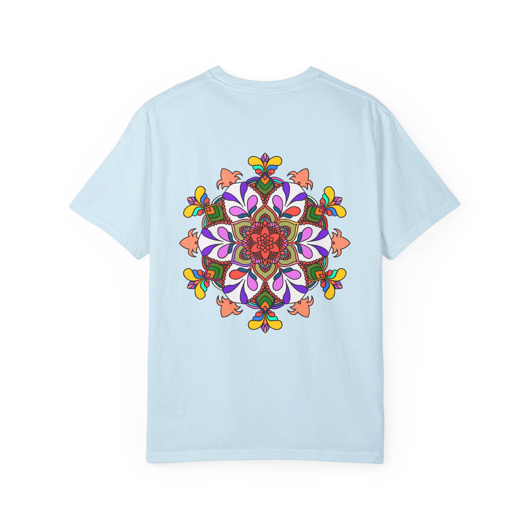 Hand-drawn mandala art in vibrant colors on a unisex t-shirt made from 100% ring-spun cotton, garment-dyed for extra comfort