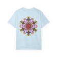 Hand-drawn mandala art in vibrant colors on a unisex t-shirt made from 100% ring-spun cotton, garment-dyed for extra comfort