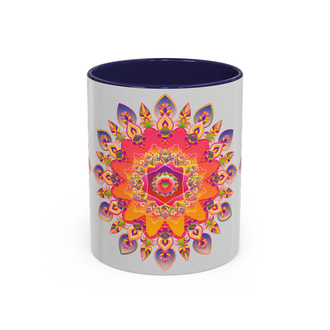 A beautiful mandala art mug featuring vibrant colors set against a grey background