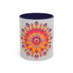A beautiful mandala art mug featuring vibrant colors set against a grey background