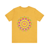 A colorful and intricate mandala tee shirt featuring a spiritual art design