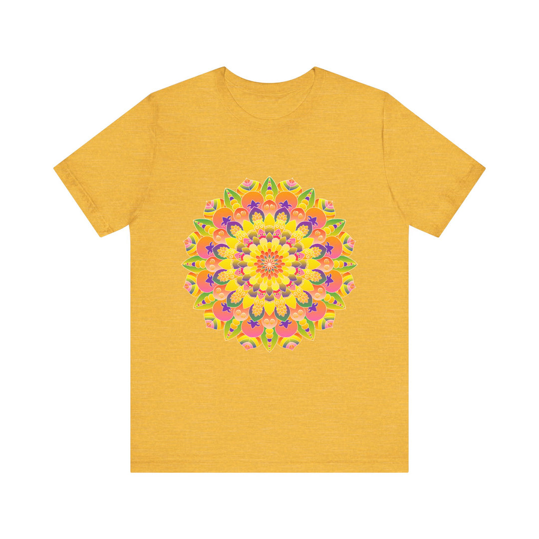 A colorful and intricate mandala tee shirt featuring a spiritual art design