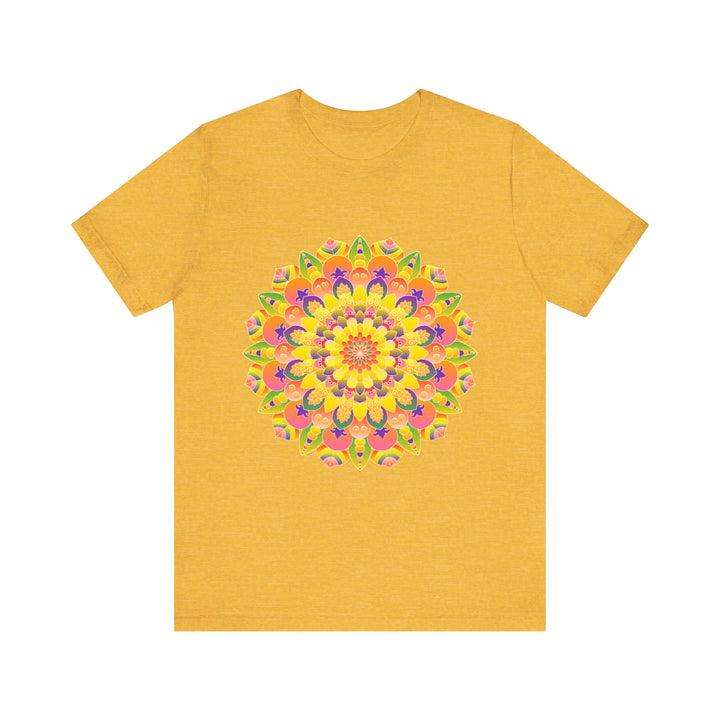 A colorful and intricate mandala tee shirt featuring a spiritual art design