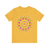 A colorful and intricate mandala tee shirt featuring a spiritual art design