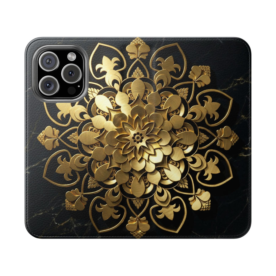 Goldene Mandala-Klapphülle – Luxuriöses Blumen-Portemonnaie-Cover